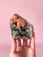 Load image into Gallery viewer, Peach Apophyllite with Peach Stilbite on Blue Chalcedony Cluster 004