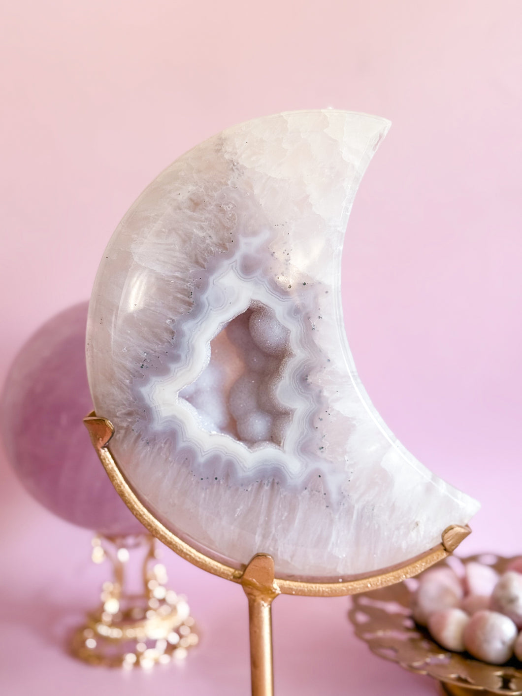 Druzy Agate Moon on Golden Stand