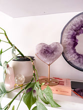 Load image into Gallery viewer, Amethyst with Quartz Heart on Golden Stand
