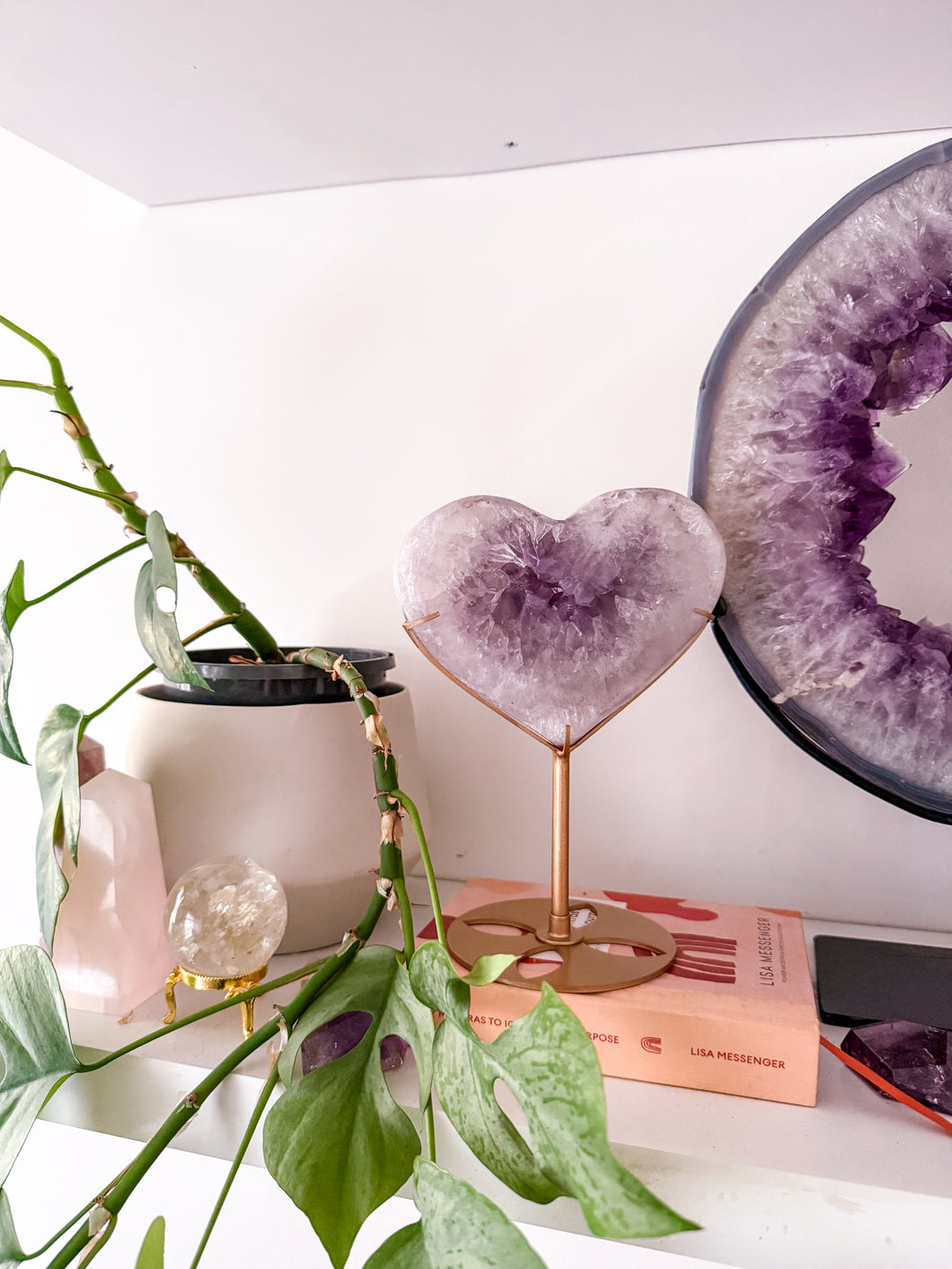 Amethyst with Quartz Heart on Golden Stand