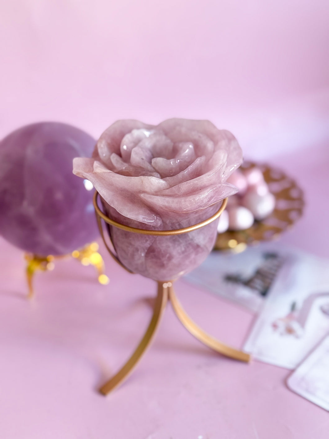 Rose Quartz Rose on Golden Stand
