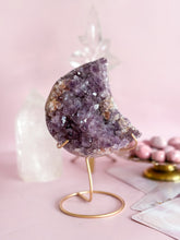 Load image into Gallery viewer, Pink Amethyst Moon on Golden Stand 011
