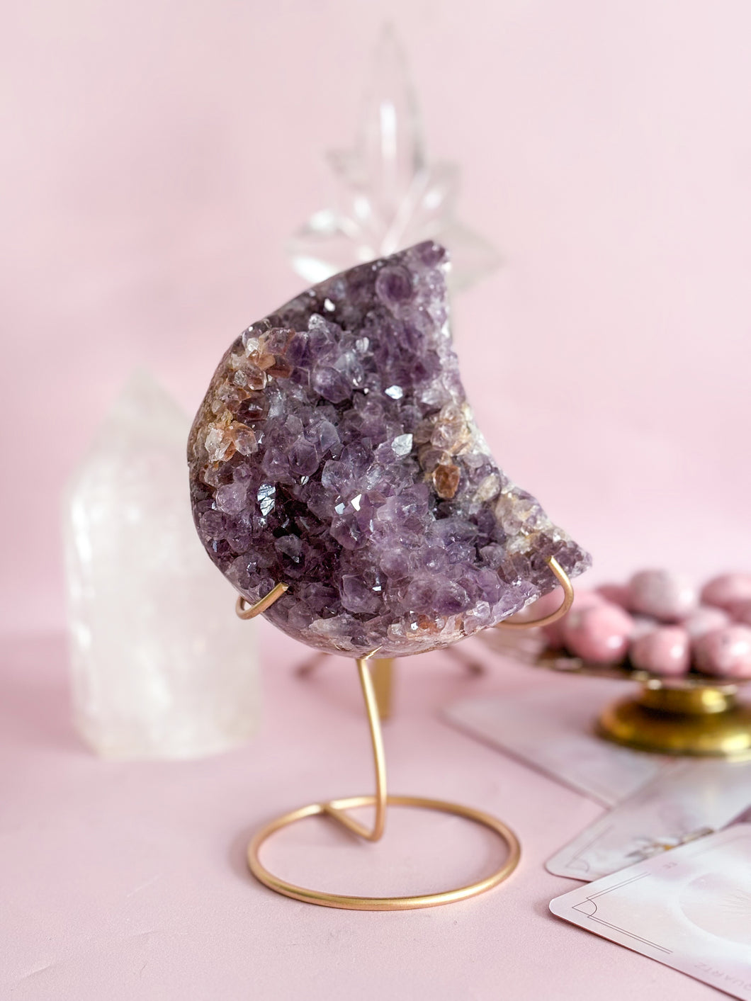 Pink Amethyst Moon on Golden Stand 011