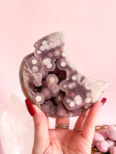 Load image into Gallery viewer, Pink Amethyst Moon on Golden Stand 010
