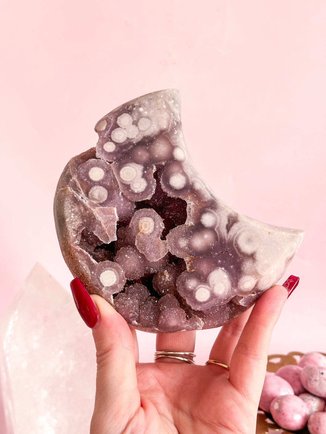 Pink Amethyst Moon on Golden Stand 010