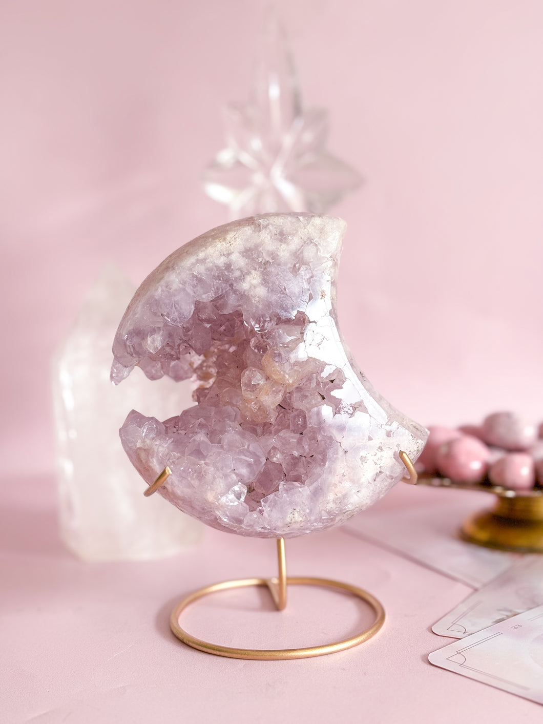 Pink Amethyst Moon on Golden Stand 009