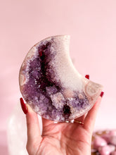Load image into Gallery viewer, Pink Amethyst Moon on Golden Stand 008
