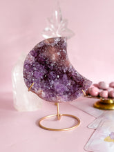 Load image into Gallery viewer, Pink Amethyst Moon on Golden Stand 007
