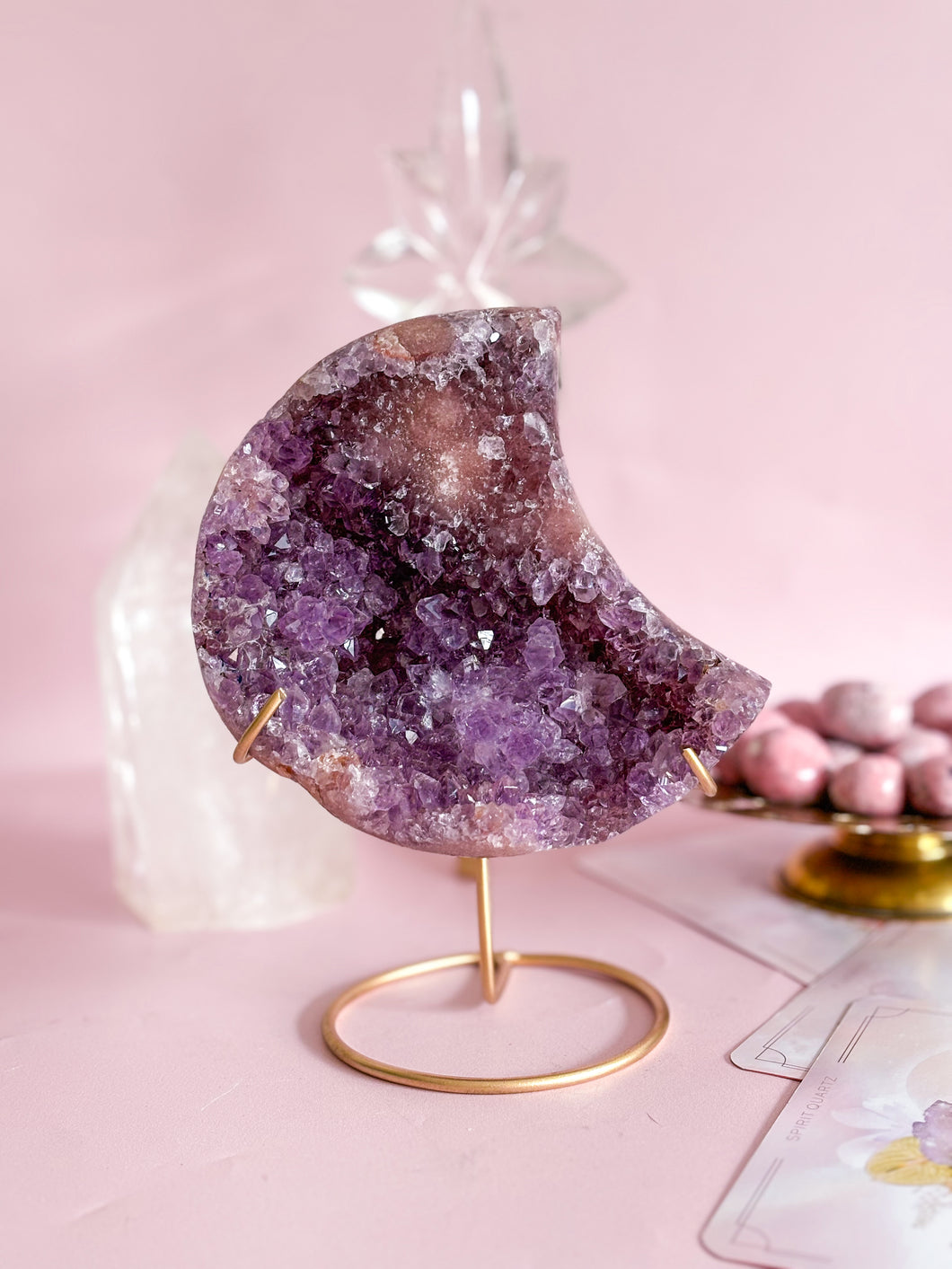 Pink Amethyst Moon on Golden Stand 007