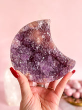 Load image into Gallery viewer, Pink Amethyst Moon on Golden Stand 007
