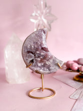 Load image into Gallery viewer, Pink Amethyst Moon on Golden Stand 005
