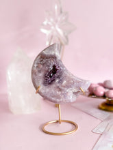 Load image into Gallery viewer, Pink Amethyst Moon on Golden Stand 006
