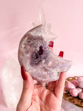 Load image into Gallery viewer, Pink Amethyst Moon on Golden Stand 006
