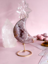 Load image into Gallery viewer, Pink Amethyst Moon on Golden Stand 004
