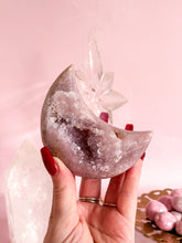 Load image into Gallery viewer, Pink Amethyst Moon on Golden Stand 004
