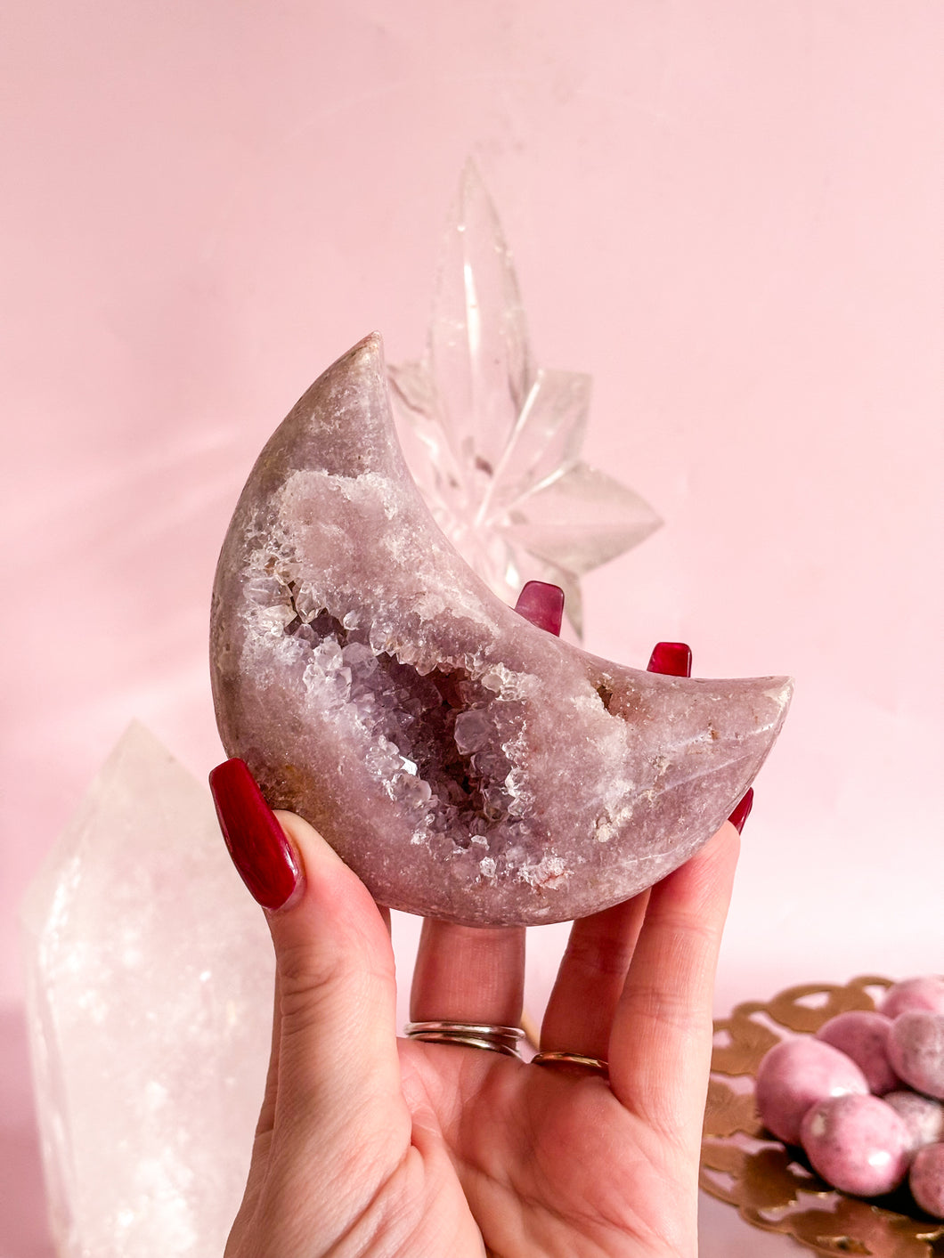 Pink Amethyst Moon on Golden Stand 004