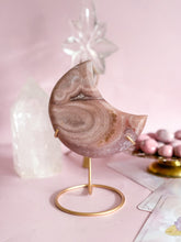 Load image into Gallery viewer, Pink Amethyst Moon on Golden Stand 003

