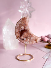 Load image into Gallery viewer, Pink Amethyst Moon on Golden Stand 002
