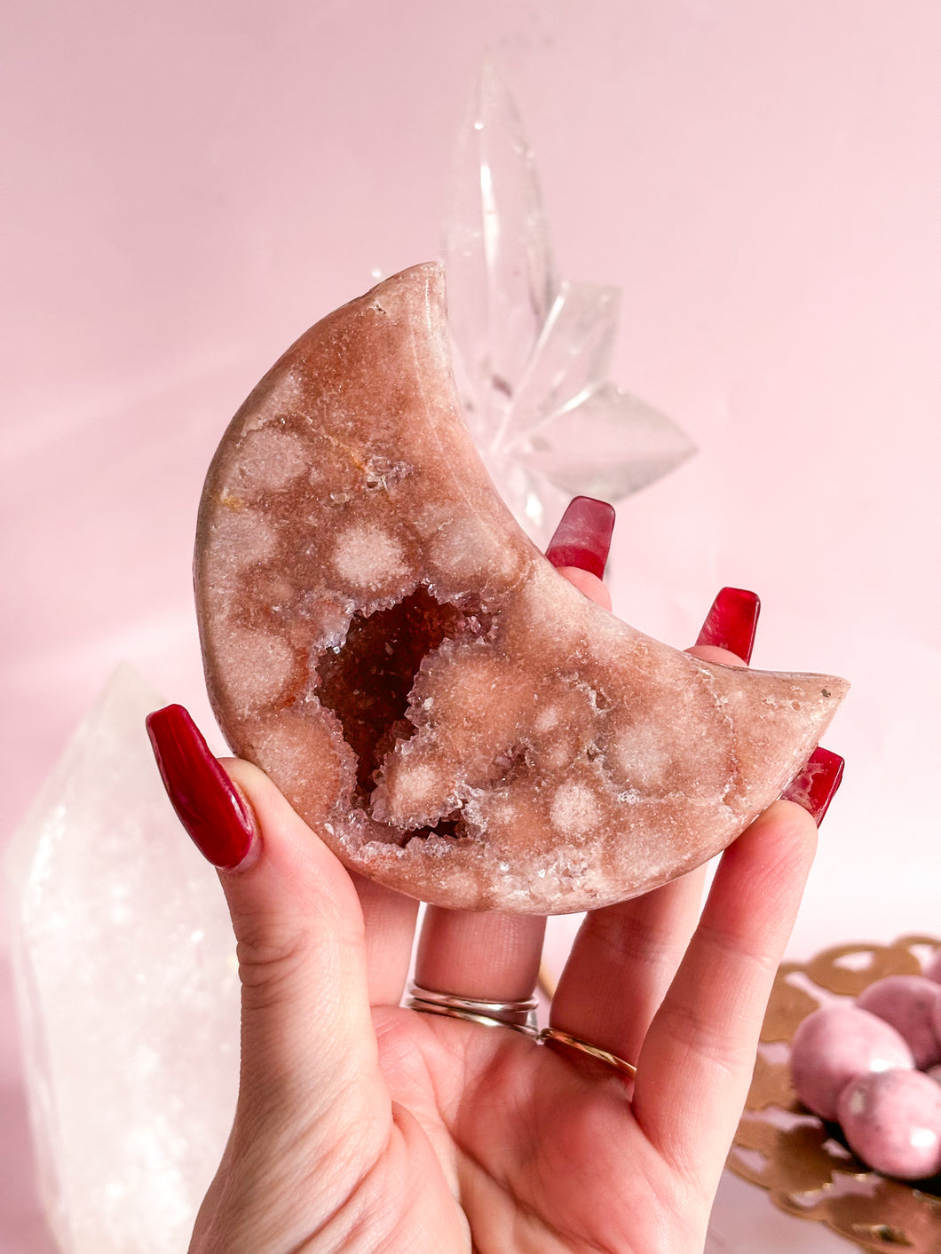 Pink Amethyst Moon on Golden Stand 002