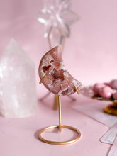 Load image into Gallery viewer, Pink Amethyst Moon on Golden Stand 001
