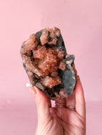 Peach Apophyllite with Peach Stilbite on Blue Chalcedony Cluster 003