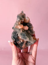 Load image into Gallery viewer, Peach Apophyllite with Peach Stilbite on Blue Chalcedony Cluster 002
