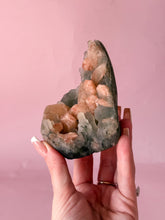 Load image into Gallery viewer, Peach Apophyllite with Peach Stilbite on Blue Chalcedony Cluster 001

