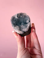 Clear Apophyllite on Blue Chalcedony 010
