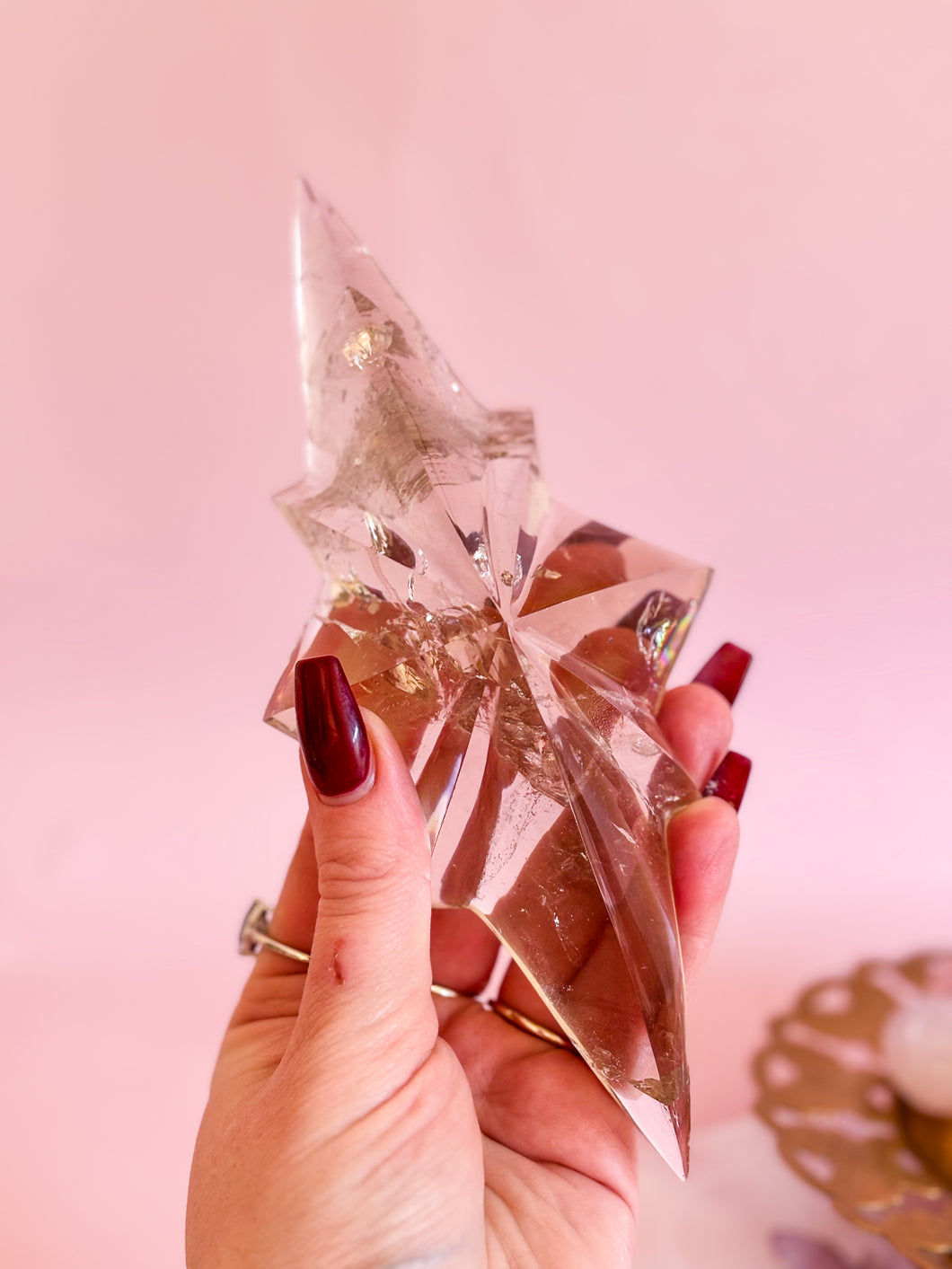 Smoky Quartz Star on Golden Stand 002