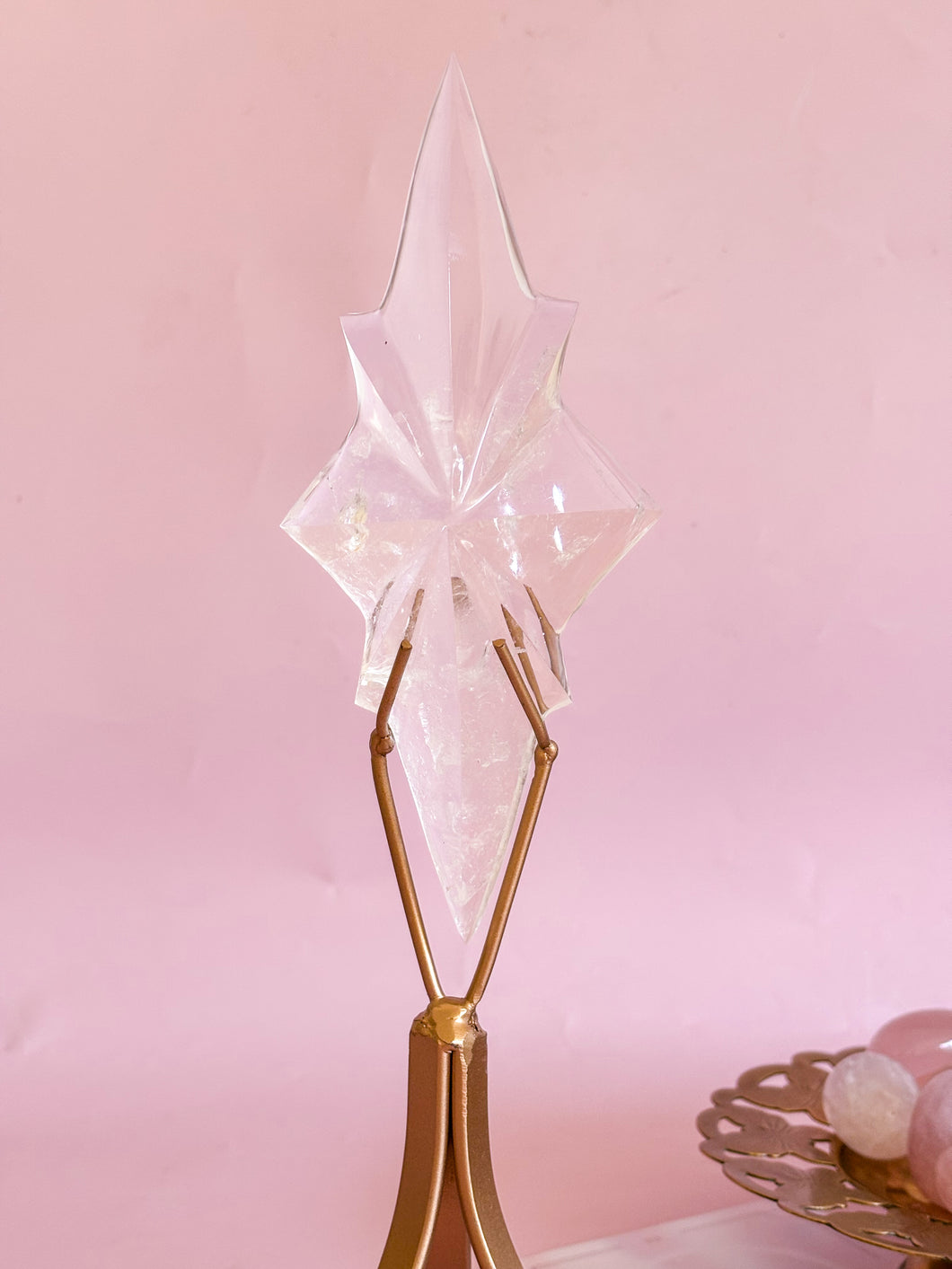 Clear Quartz Star on Golden Stand 001