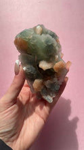 Load and play video in Gallery viewer, Peach Apophyllite with Peach Stilbite on Blue Chalcedony Cluster 002
