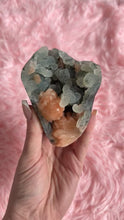 Load and play video in Gallery viewer, Peach Apophyllite with Peach Stilbite on Blue Chalcedony Cluster 004
