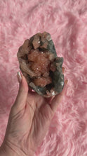 Load and play video in Gallery viewer, Peach Apophyllite with Peach Stilbite on Blue Chalcedony Cluster 003
