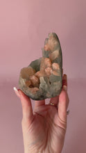 Load and play video in Gallery viewer, Peach Apophyllite with Peach Stilbite on Blue Chalcedony Cluster 001
