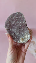 Load and play video in Gallery viewer, Pink Chalcedony with Quartz Cluster 009
