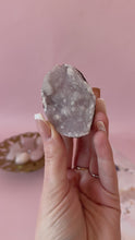 Load and play video in Gallery viewer, Pink Chalcedony with Quartz Cluster 004
